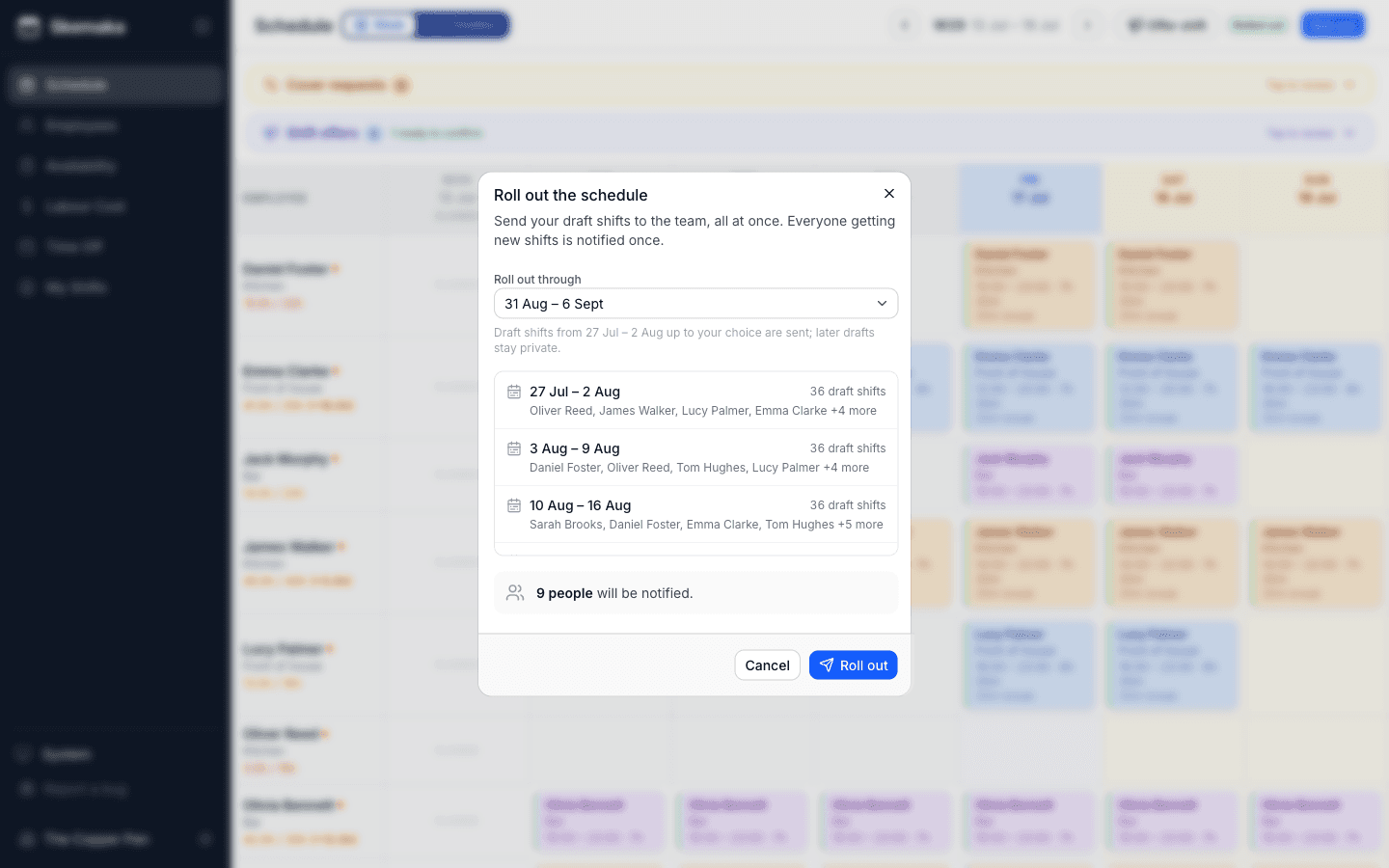 The roll-out dialog reviewing draft shifts before sending