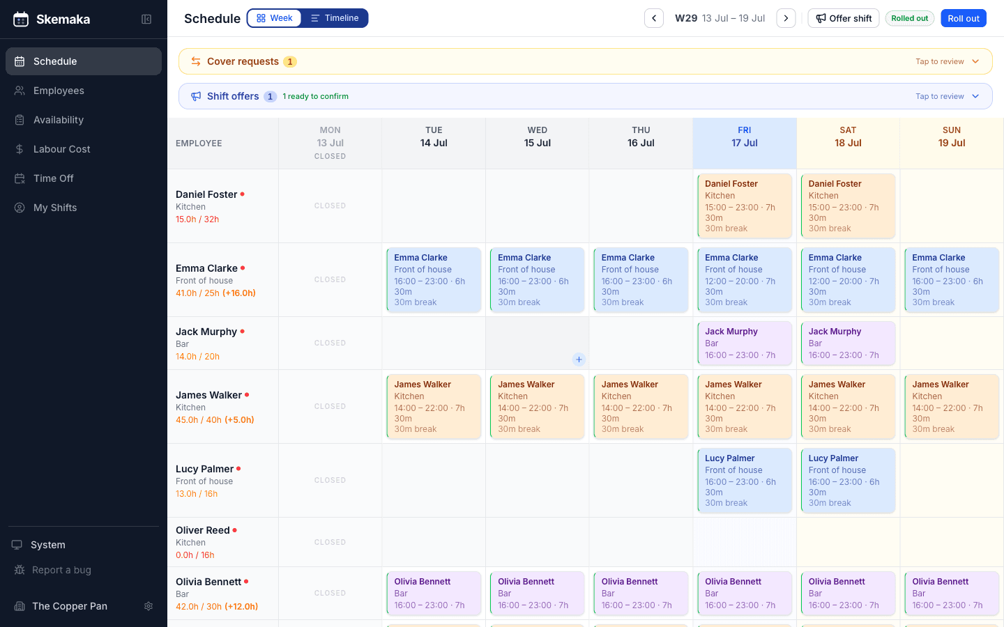 The Skemaka week view with a full staff schedule